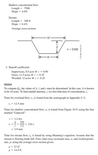 Calculate peak runoff using the Rational Method for the drainage basin shown in Figure 10-28 for a...-2