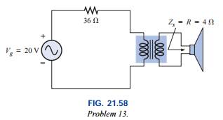 For the circuit of Fig. 21.58, find the transformation ratio required to deliver maximum power to...