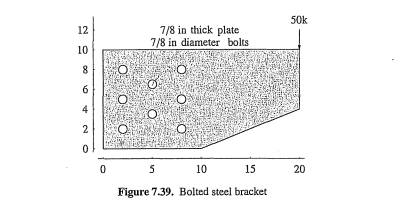 Determine stresses in the bolted bracket shown in Figure 7.39. Material properties are E = 29000ksi...