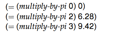 Develop the function multiply-by-pi, which consumes a natural number and multiplies it by 3.14...