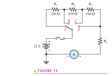 For the circuit in Figure 73 the meter reads 7.84 mA when the switch is in position A. (a) What is...