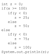 Given the code segment below, indicate the output for the following initial values of x and y: A....