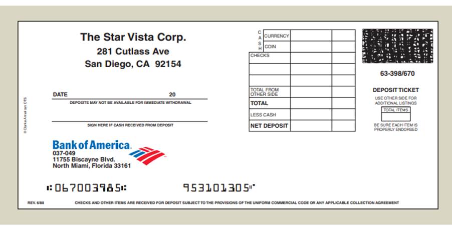 Properly fill out the deposit slip for The Star Vista Corp. based on the following information: a....