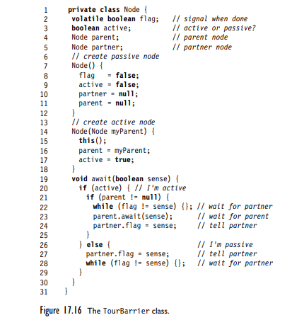 A tournament tree barrier (Class TourBarrier in Fig. 17.16) is an alternative tree-structured...-1