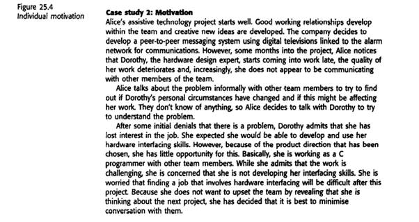 Develop the case study example on motivation in Figure 25.4 to include general activities that Alice...