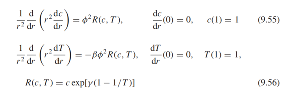 The following equations govern diffusion and reaction in a catalyst with significant heat effects....