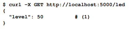 Our first curl command in the following makes an HTTP GET request and we see the LED