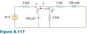 The switch in Fig. 8.117 has been in position 1 for a long time. At t=0 it is switched to position...