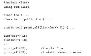 Consider the following code skeleton in C++. Explain why the compiler won’t allow the second call....