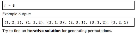 Write a recursive program, which generates and prints all permutations of the numbers 1, 2, …, n,...