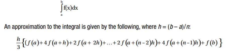 Write a function to calculate the value of the following definite integral using Simpson’s rule...