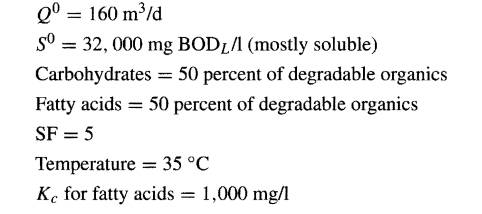 Consider a CSTR (without recycle) anaerobic digester for the following wastewater: Estimate the...