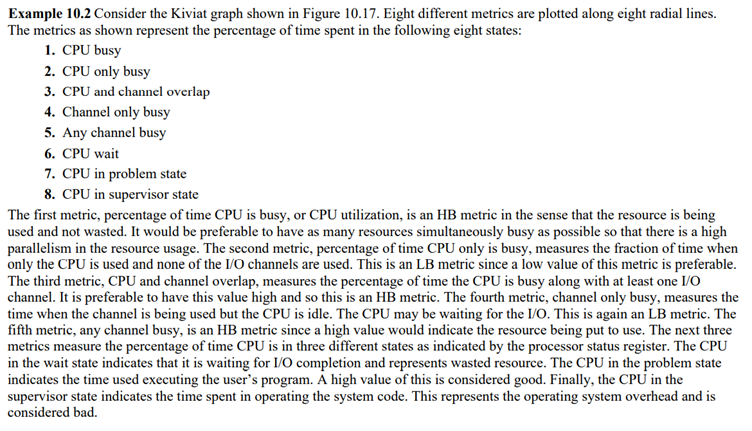 The measured values of the eight performance metrics listed in Example 10.2 for a system are 70, 10,...