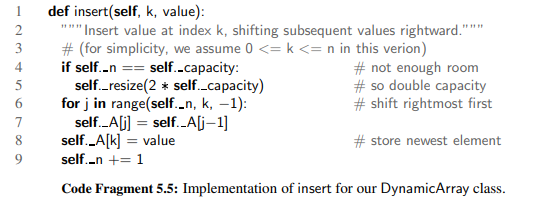 Our implementation of insert for the DynamicArray class, as given in Code Fragment 5.5, has the...