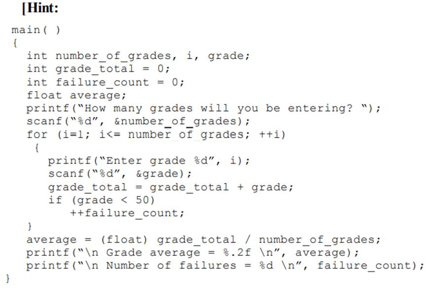 Write a C program to calculate the average of a set of grades and to count the number of failing...