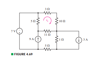 For the circuit of Fig. 4.69, determine the mesh current i1 and the power dissipated by the 1...