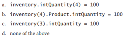 An array is declared using the statement Dim inventory (4) As Product. Which of the following...