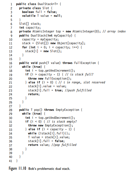 Consider the problem of implementing a bounded stack using an array indexed by a top counter,...