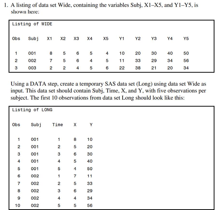 Repeat Problem 1 using PROC TRANSPOSE. Do this only for the variables X1–X5. Your resulting data set...-2