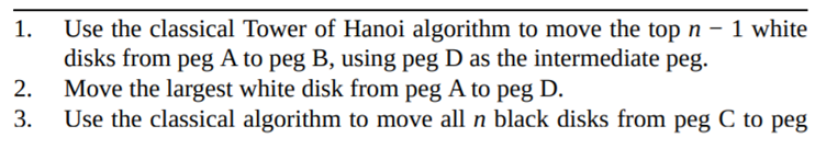 The four-peg problem in Exercise 9.3.3 can be solved in fewer moves with the following algorithm:...-1