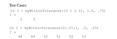 Write a function with header[indices] = myWithinTolerance(A, a, toll), where indices are an array of...