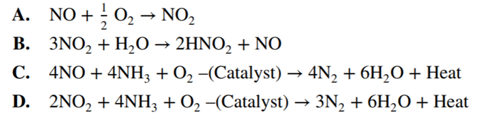 Which equation below shows the formation of nitric acid (acid rain)?