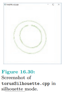 Run torusSilhouette.cpp. Press the space bar to toggle between the silhouette and mesh of a torus....