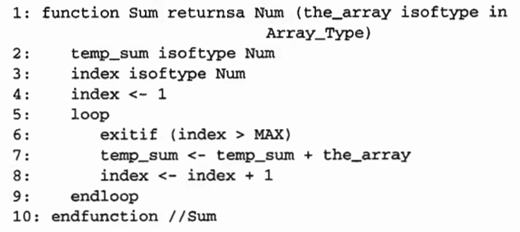 Intended purpose: Sum the values in an array of numbers and return that sum.