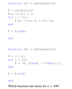 Run the following two iterative implementations of finding Fibonacci numbers in the MATLAB Profiler....