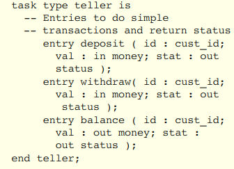 The following section of Ada code conveys the services that a “teller” object can perform. What are...