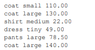 Create a data file where each line has the format item size retail-price-sold-for For example, a...