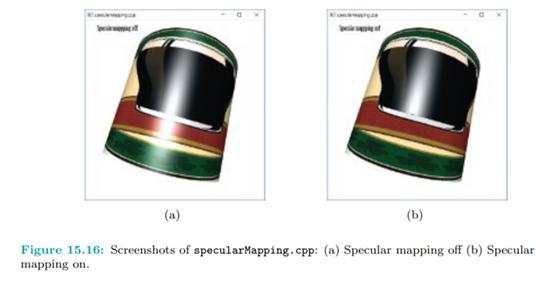 Run specularMapping.cpp. Press ‘x’-‘Z’ to turn the beer can and space to toggle between specular...