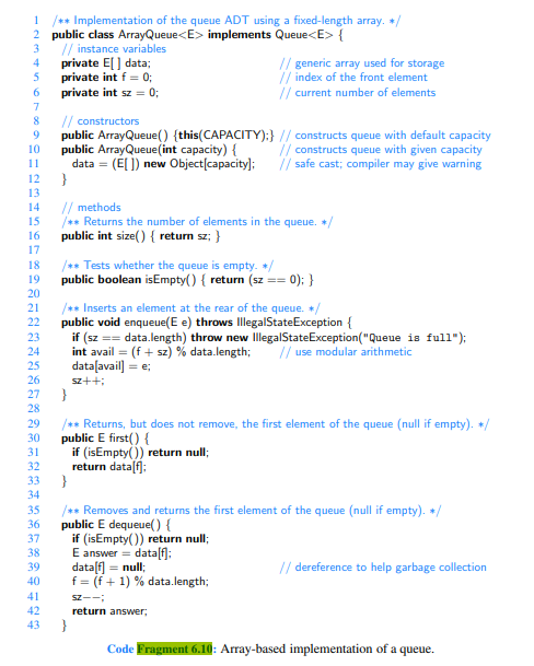 When implementing the ArrayQueue class, we initialized f = 0 (at line 5 of Code Fragment 6.10). What...