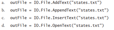 Which of the following opens the states.txt fi le and allows the computer to write new data to the...