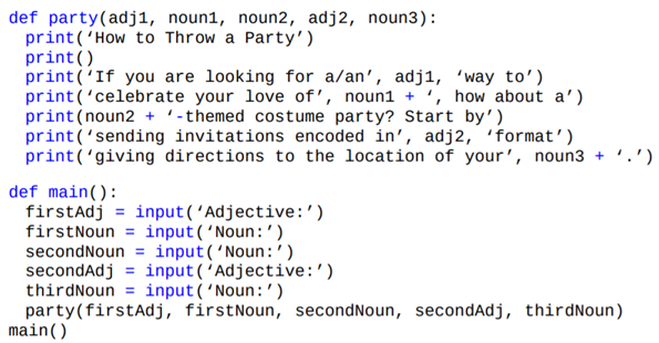 Write a function that implements your Mad Lib from Exercise 1.3.22, and then write a complete...-1