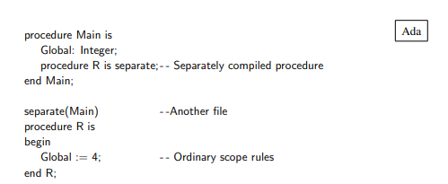 Ada has a construct for separate compilation that is independent of the package construct: The fact...