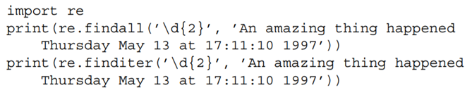 Run the following code, and then explain the difference between what findall and finditer return.-1