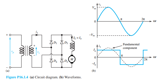 Consider a full-wave single-phase bridge rectifier circuit with dc motor load, as shown in Figure...