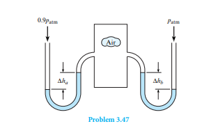 Two water manometers are connected to a tank of air. One leg of the manometer is open to 100 kPa...