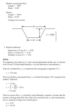 Calculate peak runoff using the Rational Method for the drainage basin shown in Figure 10-25 for a...-3