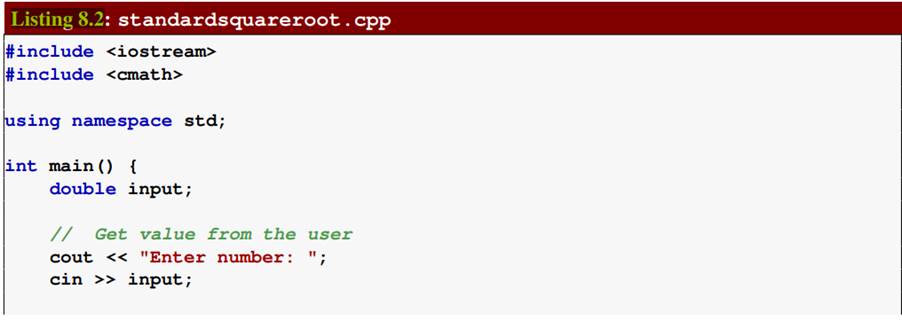 In Listing 8.2 (standardsquareroot.cpp), what does the main function do while the sqrt function is...-1