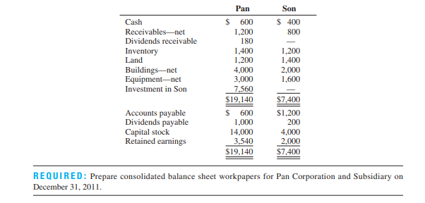 Consolidated balance sheet workpapers (excess allocated to equipment and goodwill) Pan Corporation...