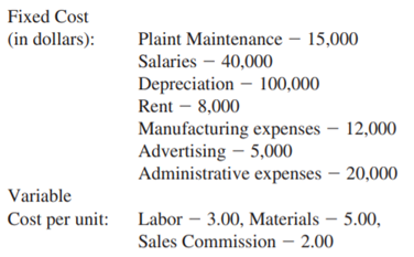 A company records the following components of fixed and variable costs for a product. Assuming Sales...