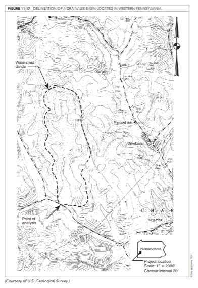 Calculate peak runoff using the NRCS Method for the watershed shown in Figure 11-17 for a 25-year...