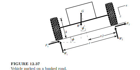 The vehicle in Figure 12.37 is parked on a banked road. Calculate the wheel loads W1 and W2 when h =...