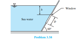 As shown, a round viewing window of diameter D = 0.8 m is situated in a large tank of seawater (SG =...