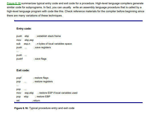 Give entry code (Fig. 6.16) for a NEAR32 procedure that reserves eight bytes of storage on the stack...