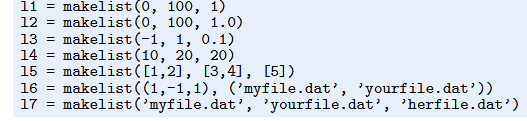 Consider the following calls to the makelist function from Determine in each case what type of...