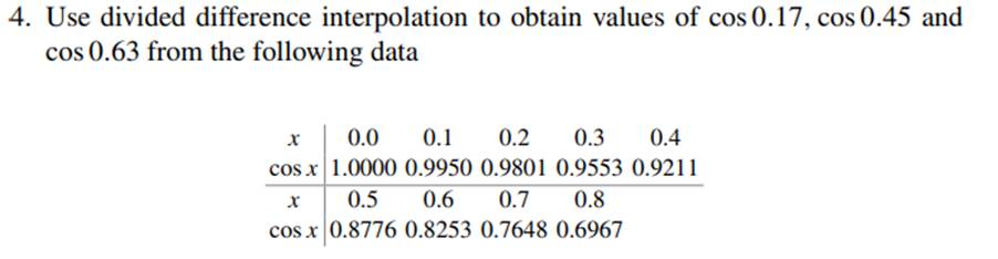 Write a script for divided difference interpolation which uses all the data, in the same order, at...