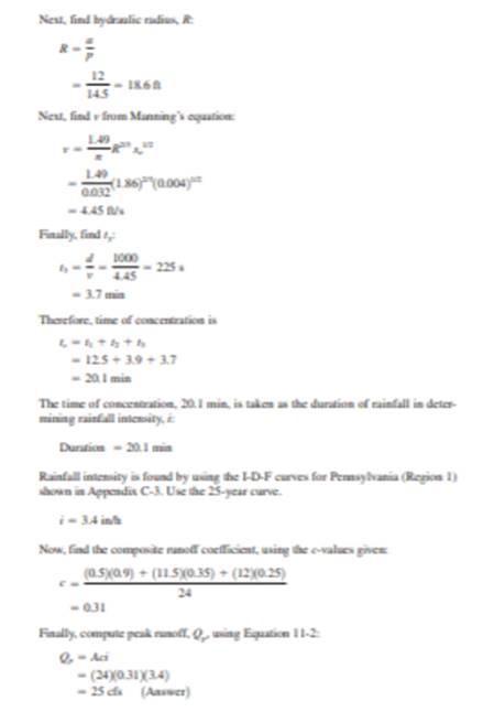 Calculate peak runoff using the Rational Method for the drainage basin shown in Figure 10-28 for a...-3